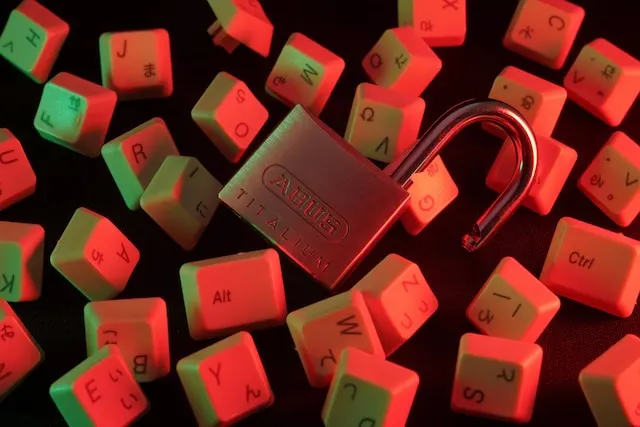 Picture of a lock on top of scattered keyboard keys